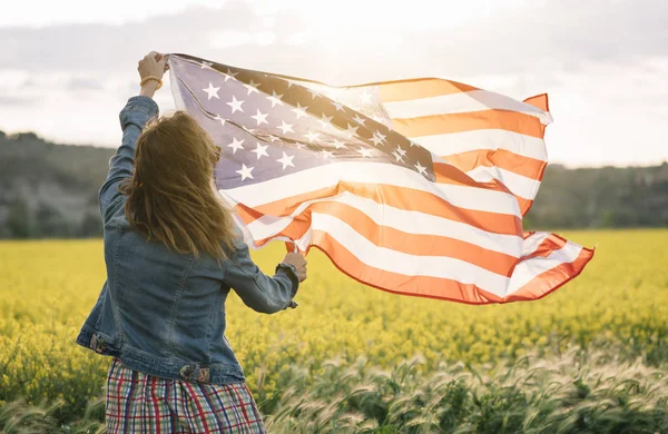 Woman Colored Skirt Holding American Flag Field Yellow Flowers Independence — Stock Photo, Image