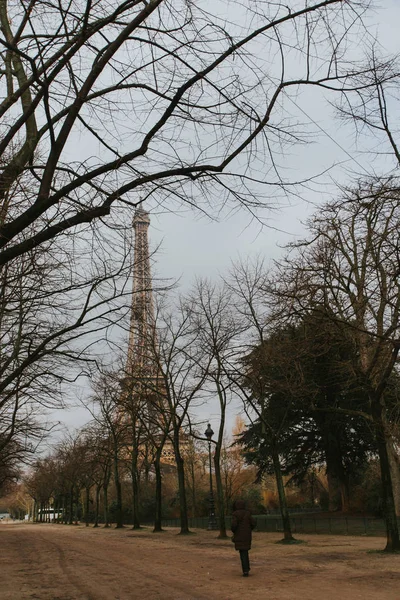 Back View Unrecognizable Woman Walking Park Background Eiffel Tower Paris — 图库照片