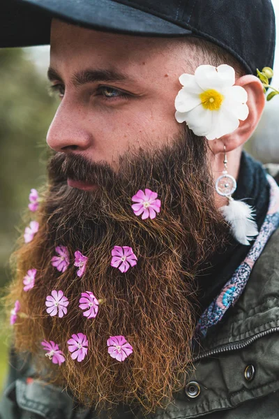 Cheerful Adult Man Soft Flowers Beard Taking Selfie Smartphone Nature — Stock Photo, Image