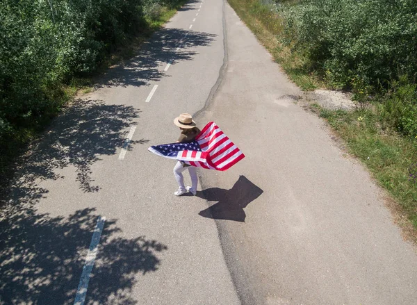 Woman Hat Walking American Flag Lonely Road Special Day Celebrate — Stock Photo, Image