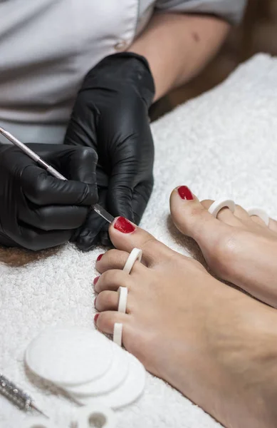 Female Manicurist Doing Pedicure Client Beauty Salon — Stock Photo, Image