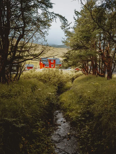 Сельские Красные Дома Деревне Лесом Небольшой Речкой Островах Фере — стоковое фото