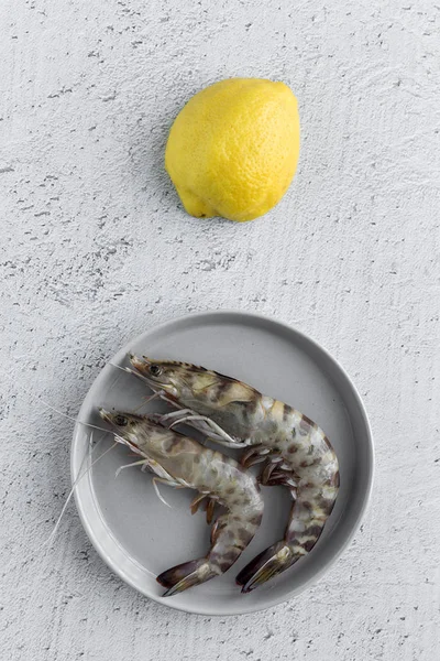 Raw Tiger Prawns Plate White Shabby Tabletop Lemon — Stock Photo, Image