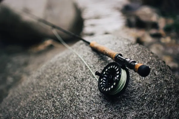 Närbild Fiskespö Släta Stenblock Stranden Naturen — Stockfoto