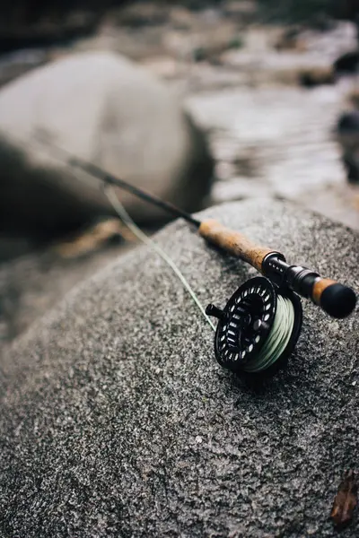 Primo Piano Della Canna Pesca Sul Masso Liscio Riva Natura — Foto Stock