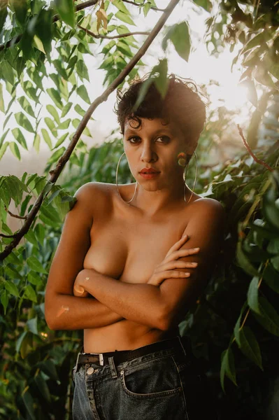 Sensual Young Woman Standing Topless Covering Breast Hands Green Woods — Stock Photo, Image