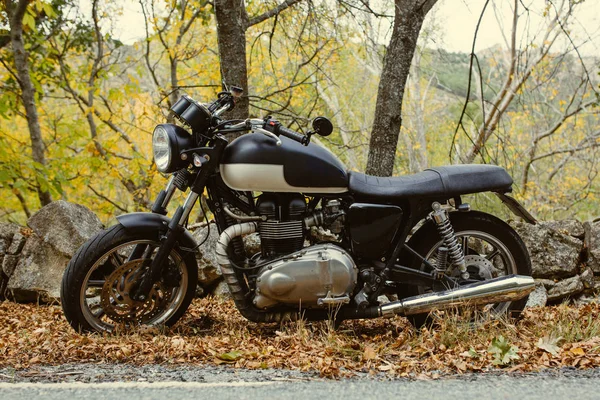 秋の木々 の間の道路に車を停めカフェ レーサー バイク — ストック写真