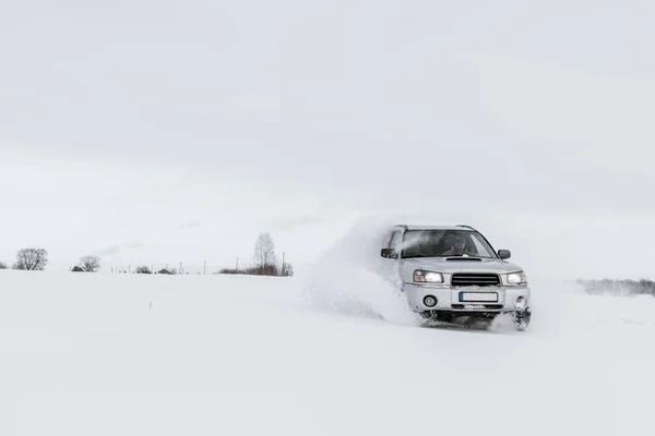 Car Driving Snow Field — Stock Photo, Image