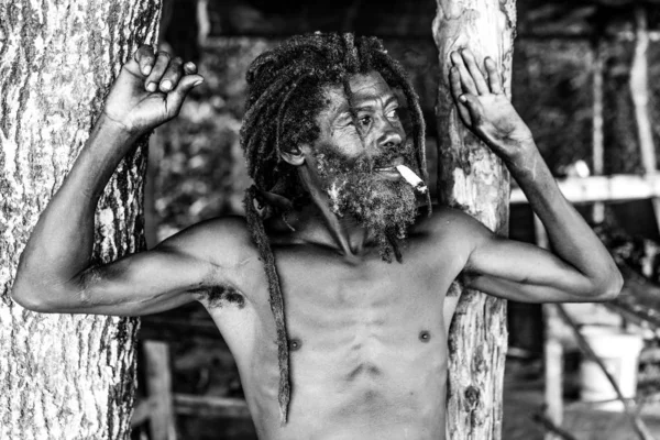 Hombre Barbudo Afroamericano Con Rastas Manos Levantadas Fumando Cigarro Cerca — Foto de Stock