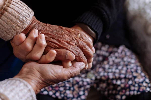 Detail Wrinkled Hands Elderly Couple — Stock Photo, Image