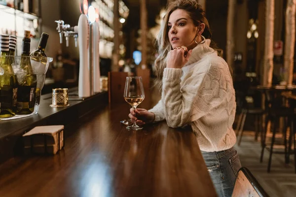 Stylish Thoughtful Woman Drinking Wine Counter Bar — Stock Photo, Image