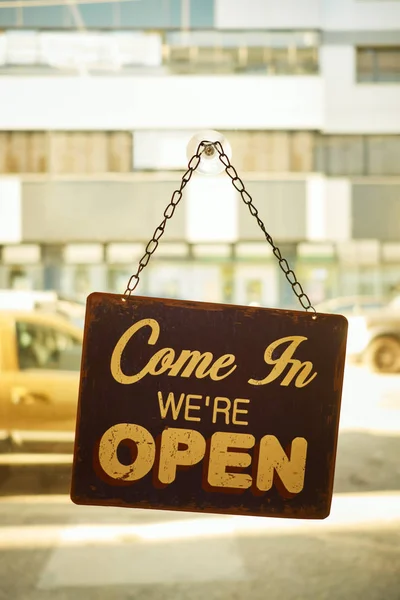 Open Sign Small Business Window Blurred Background — Stock Photo, Image
