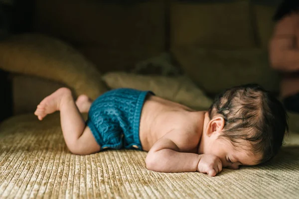 Cute Little Innocent Newborn Baby Back Lying Sofa Home — Stock Photo, Image