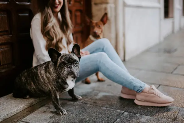 Femme Moderne Mode Avec Bouledogue Chien Sur Trottoir Rue Penché — Photo