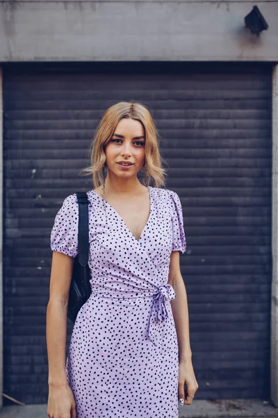 Portrait Young Attractive Woman Dress Standing Street Posing Looking Camera — Stock Photo, Image