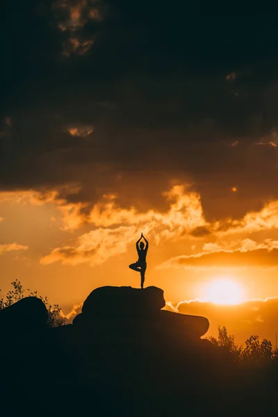 Silhueta Mulher Fazendo Ioga Árvore Posar Livre Pôr Sol — Fotografia de Stock