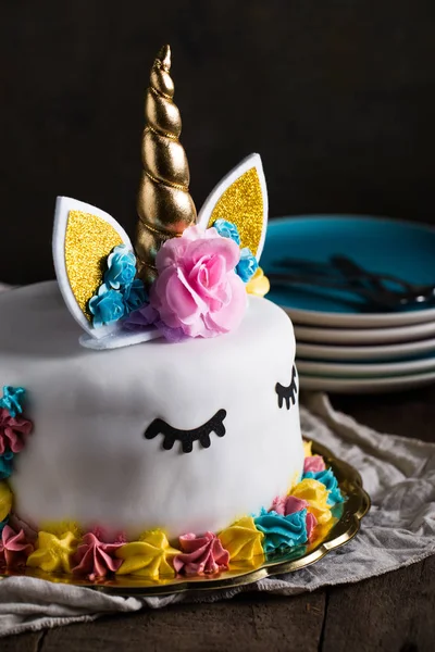 Cute Unicorn Cake Painted Closed Eyes Wooden Table Dark Background — Stock Photo, Image