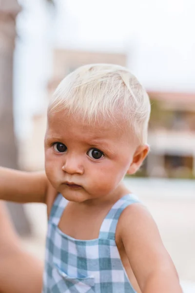 Portrait Blonde Baby Boy Beach — Stock Photo, Image