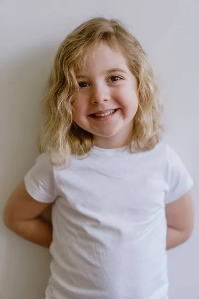 Positive Child Wearing Casual Clothes Smiling Looking Camera While Standing — Stock Photo, Image