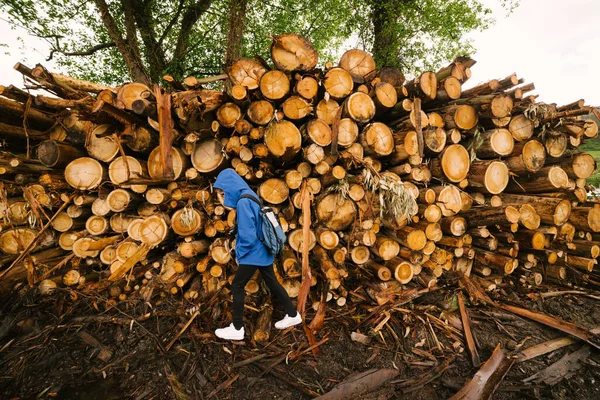 Side View Unrecognizable Person Outerwear Walking Pile Timber Stacked Woods — Stock Photo, Image