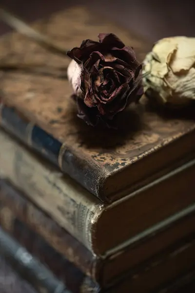 Montón Libros Flores Secas Sobre Mesa Madera — Foto de Stock