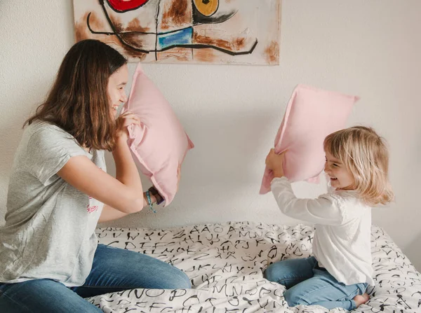 Side View Playful Teenage Little Girls Sitting Cozy Bed Having — Stock Photo, Image