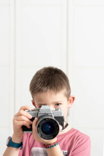 Cute Child Casual Wear Taking Photo Retro Camera While Standing — Stock Photo, Image