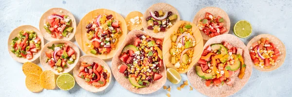 Mexican Food Panorama Flat Lay Vegetarian Tacos Vegetables Nachos Limes — Stock Photo, Image