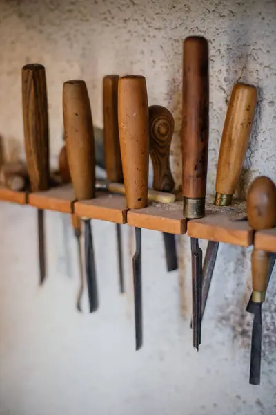 Set Assorted Professional Carpentry Tools Wooden Handles Placed Shelf Hanging — Stock Photo, Image