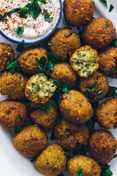 Top View Fried Falafel Made Legumes Served Sour Cream Sauce — Stock Photo, Image