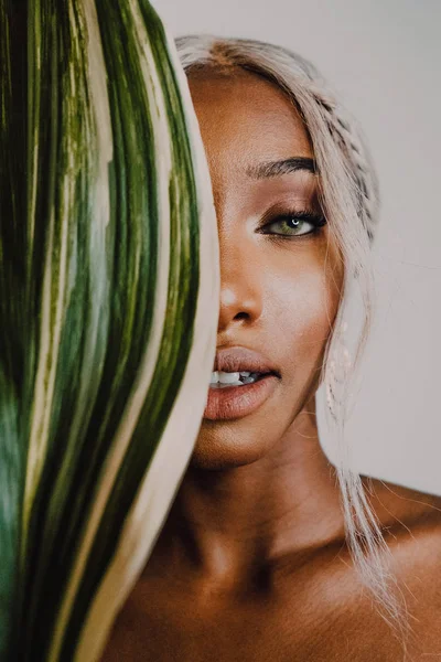Wunderschöne erwachsene Schwarze Frau blickt in die Kamera und bedeckt das halbe Gesicht mit einer Pflanze auf grauem Hintergrund — Stockfoto