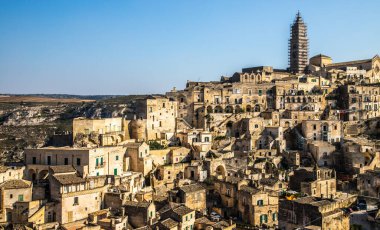 Matera 'nın güney İtalya' daki eski kasaba manzarası