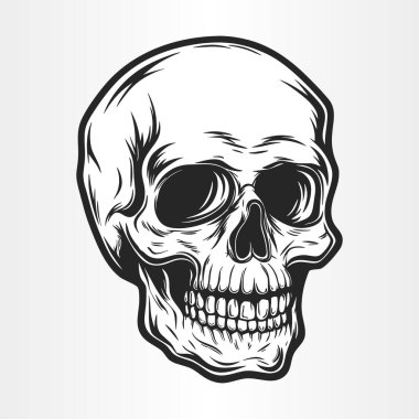 Human skull with sharp teeth and empty eye sockets, isolated on white background