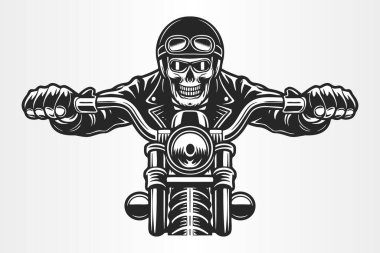 Skeleton biker on motorcycle isolated on white background