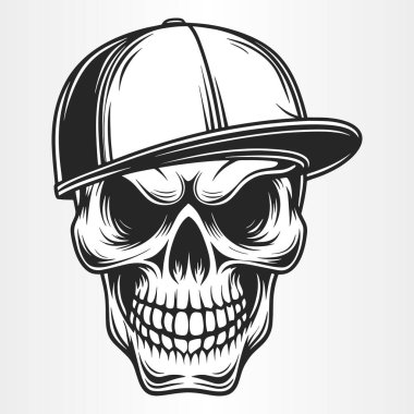 Skull wearing a baseball cap, isolated on white background