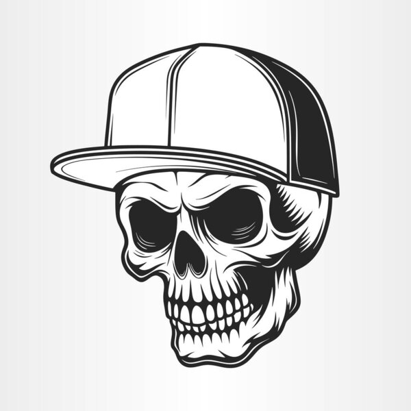 Skull with a baseball cap tilted, isolated on white background