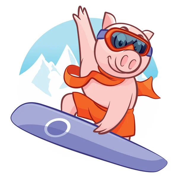 Piggy sur snowboard avec masque et écharpe — Image vectorielle