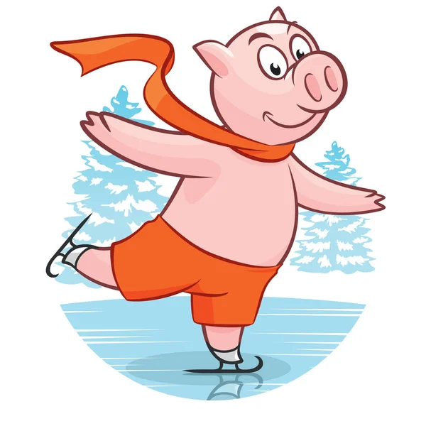 Dessin animé drôle cochon de Noël patinage sur la patinoire carte de voeux — Image vectorielle