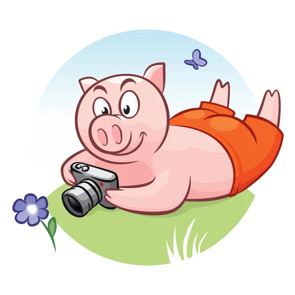 Piggy avec appareil photo prend des photos de fleur et de papillon — Image vectorielle
