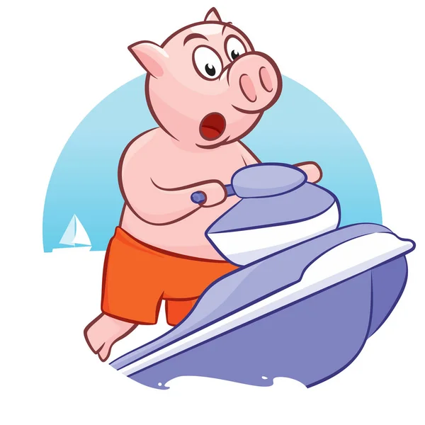 Piggy sur un vélo d'eau sautant par-dessus les vagues de la mer — Image vectorielle