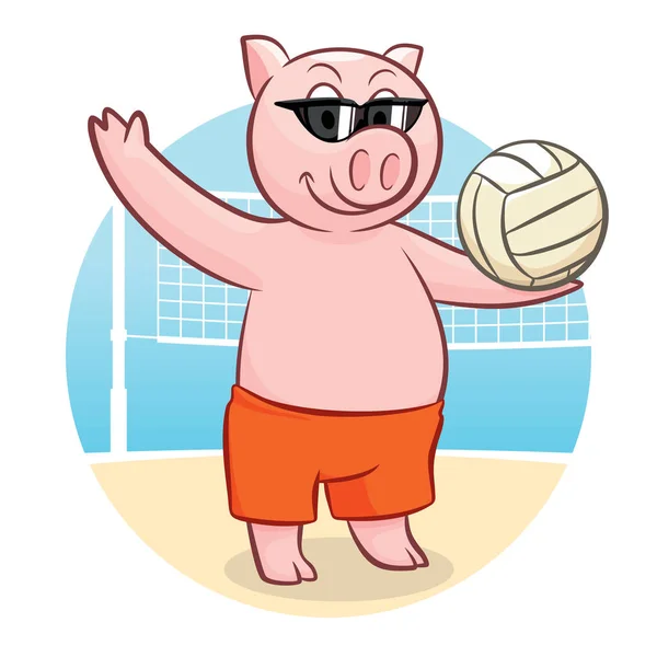 Joueur de volley-ball cochon avec balle et lunettes de soleil — Image vectorielle