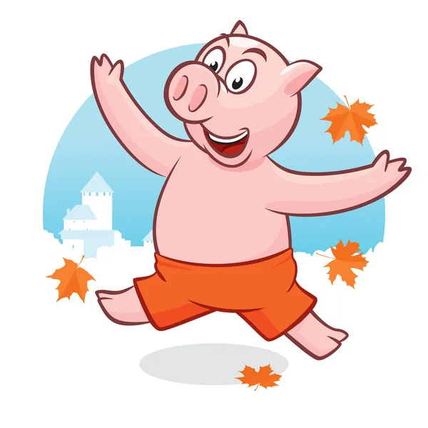 Cochon mignon avec des feuilles sautant en s'amusant — Image vectorielle