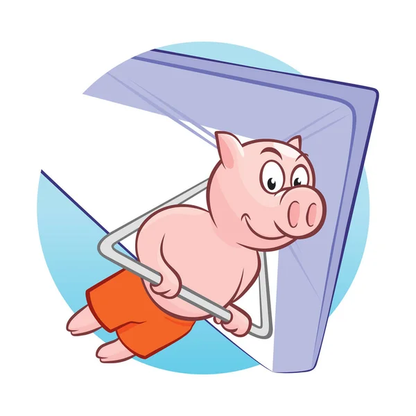 Cochon souriant volant sur deltaplane illustration vectorielle — Image vectorielle