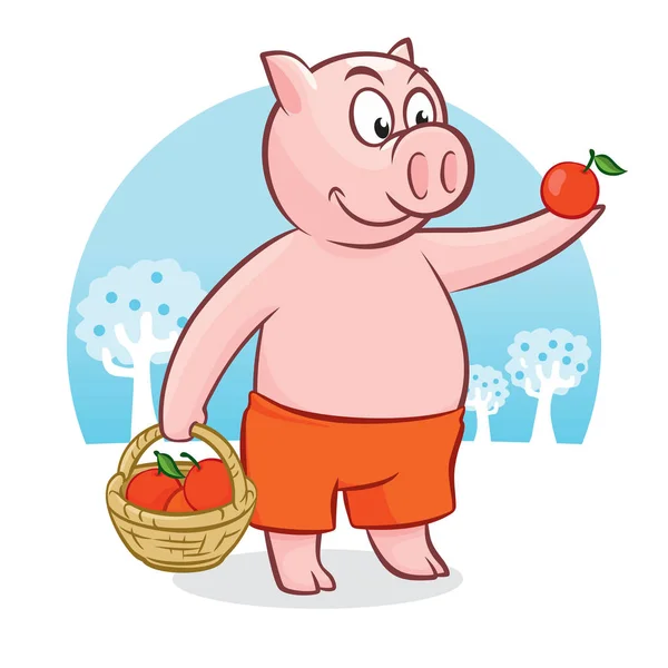 Cochon mignon avec panier de pommes illustration vectorielle — Image vectorielle