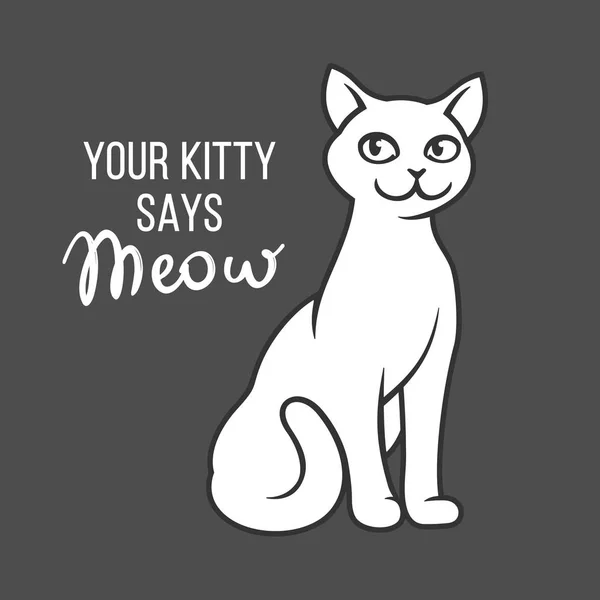 Illustration vectorielle chat dessin animé blanc avec lettrage Meow — Image vectorielle