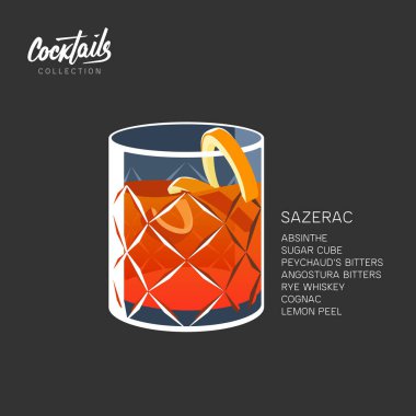 Sazerac Kokteyl tarifi limon kabuğu cam vektör çizimi