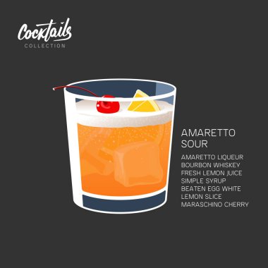 Amaretto ekşi kokteyl. Limonlu kiraz vektör çizimi.