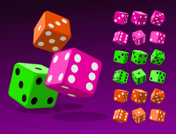 等方ダイスの組み合わせのセット ピンクのポーカーキューブ 緑とオレンジのサイコロ絶縁ベクトルイラスト ギャンブルアプリとカジノテンプレートのコレクション — ストックベクタ