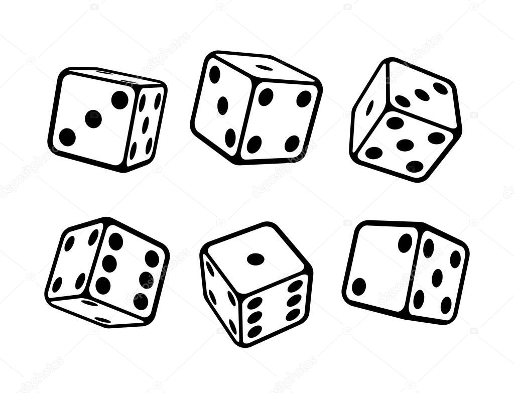 Game dice isometric icons set, isolated on white background. Dice in a flat and linear design from one to six. Vector illustration
