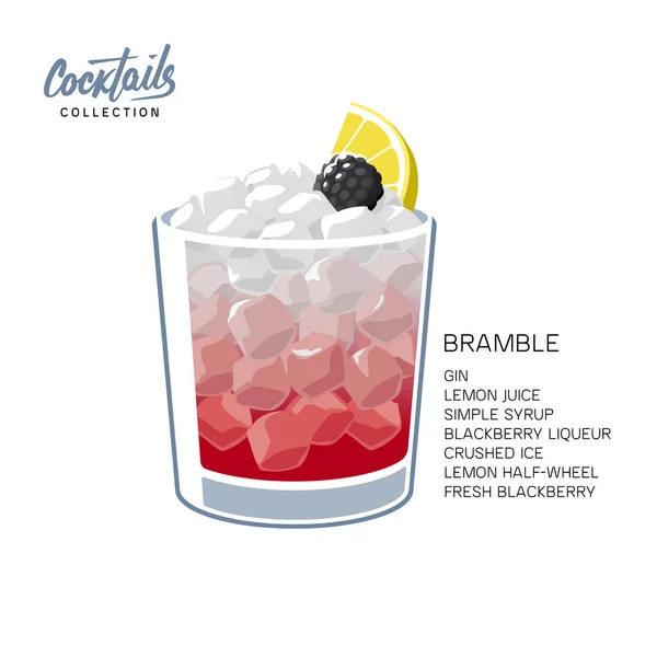一杯由杜松子酒 柠檬汁 糖浆和黑莓酒制成的布拉姆布尔鸡尾酒 白底病媒图上的酒精饮料 加碎冰块 柠檬轮和黑莓 — 图库矢量图片